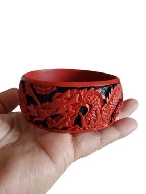 Antique 1920s Carved Cinnabar Dragon & Phoenix Bangle